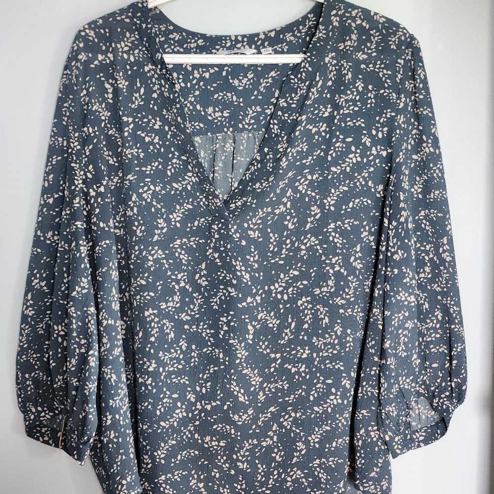 Teal V-Neck Blouse with 3/4 Bishop Sleeves